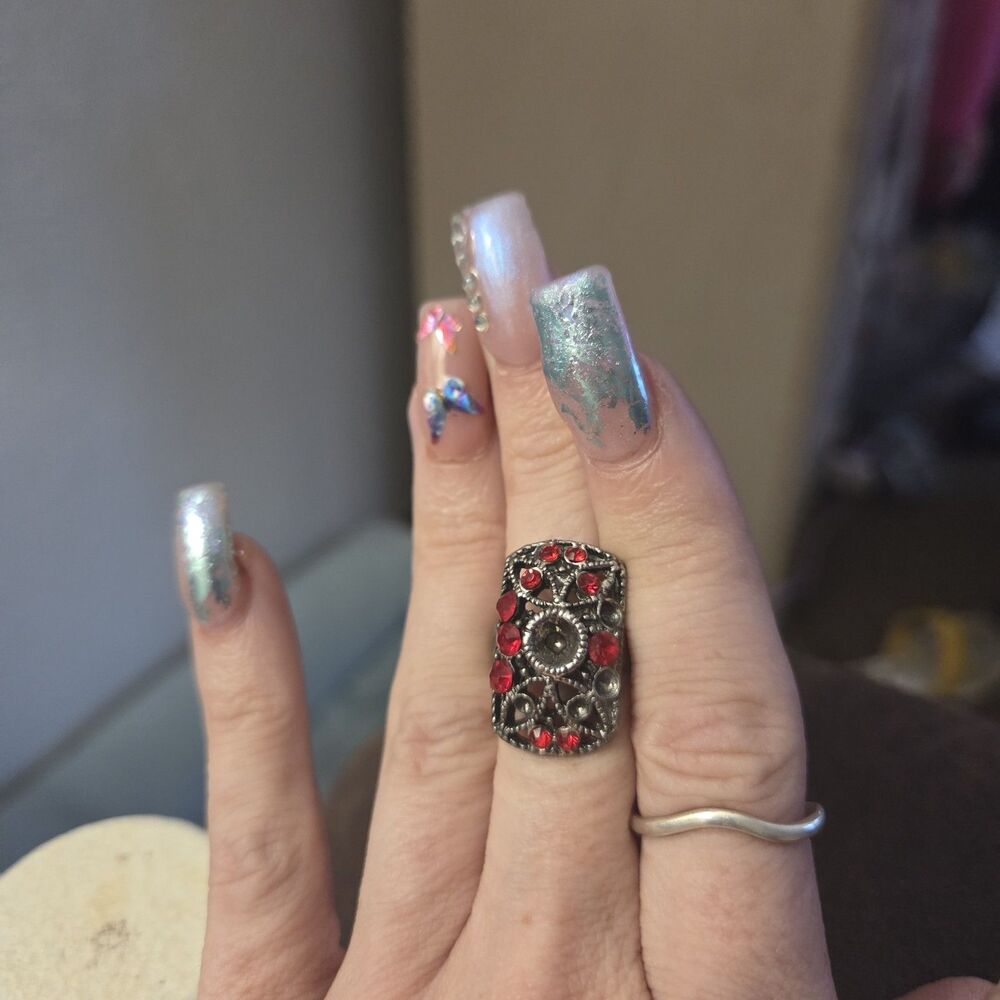 Vintage Art Deco Style Ruby Red Rhinestone Filigree Adjustable Cocktail Ring